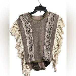 Poncho Sweater with fur and crochet fringe trim